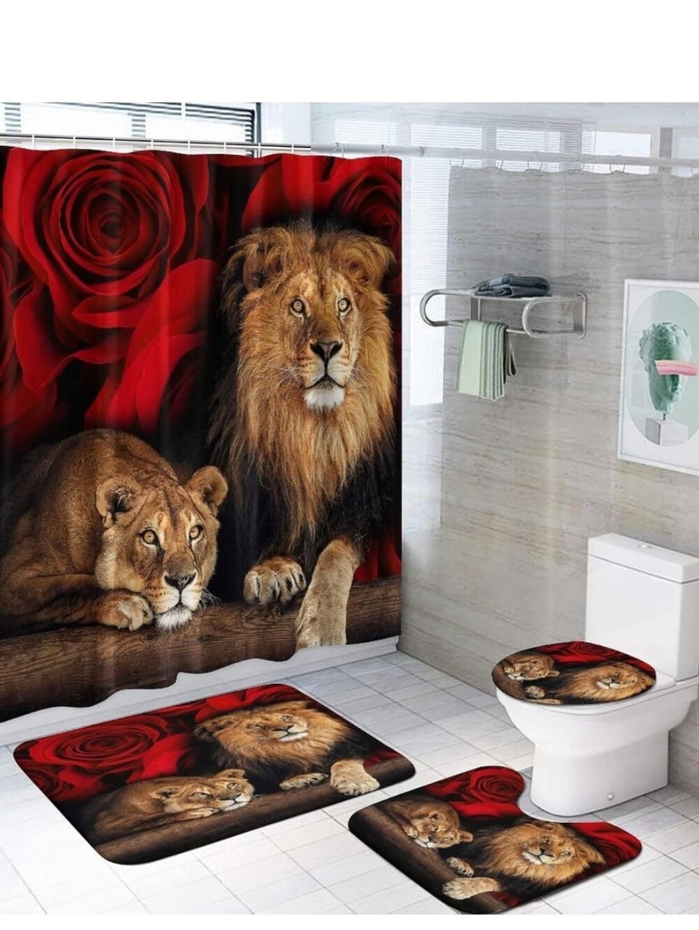 Lion & Rose Bathroom Set Shower Curtain and Rugs - Red Brown